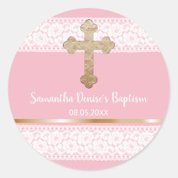 Baby Girl Pink Gold Cross Baptism Favor Classic Round Sticker by angela65 at Zazzle