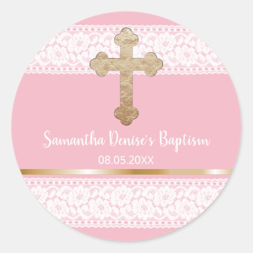 Baby Girl Pink Gold Cross Baptism Favor Classic Round Sticker