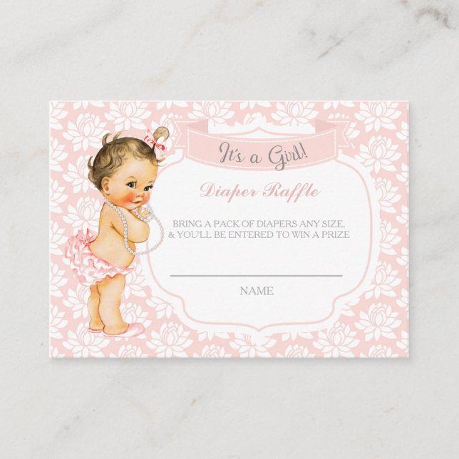 Baby Girl Pink Gray Diaper Raffle Ticket Enclosure Card (Front)