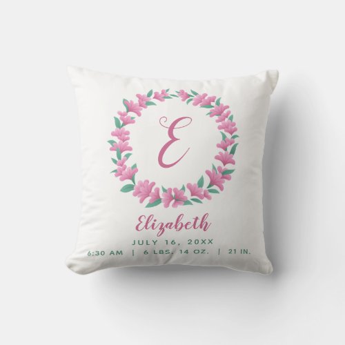 Baby Girl Pink Green Birth Stats Floral Wreath Throw Pillow