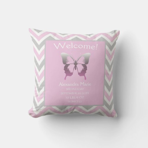 Baby Girl Pink Grey Chevron Butterfly Keepsake Throw Pillow