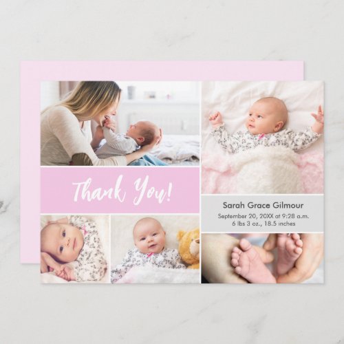 Baby girl Pink Grey Custom photo collage Thank You Card