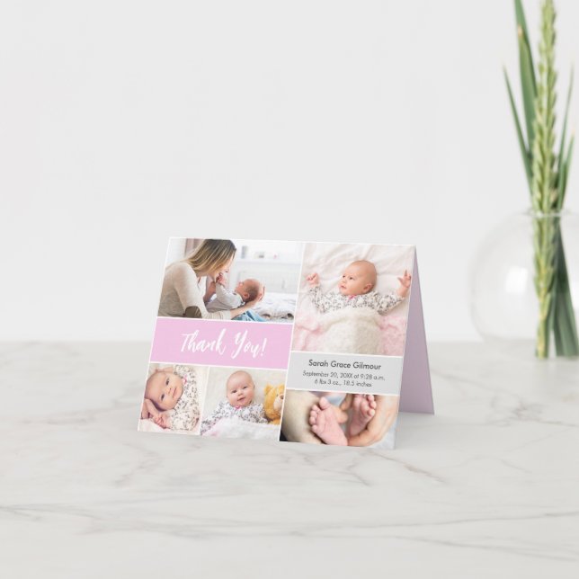 Baby girl Pink Grey Custom photo collage Thank You Card (Front)