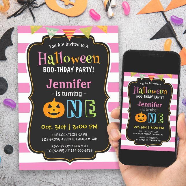 Baby Girl Pink Halloween First Birthday Party Invitation