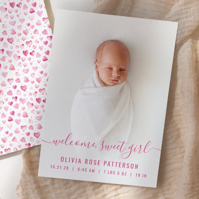 Baby Girl Pink Hearts Script Photo Birth Announcement (Creator Uploaded)