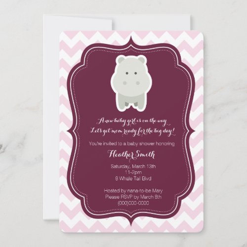 Baby Girl Pink Hippo Invitation
