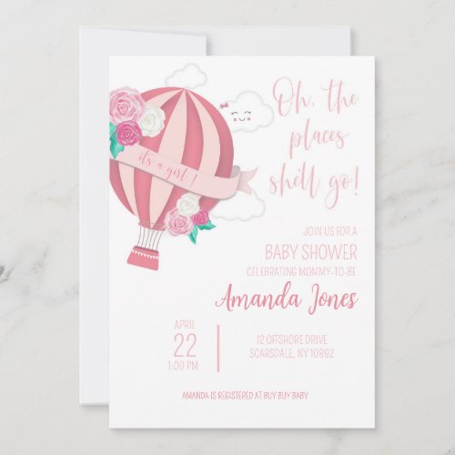 Baby Girl Pink Hot Air Balloon Shower Invitation
