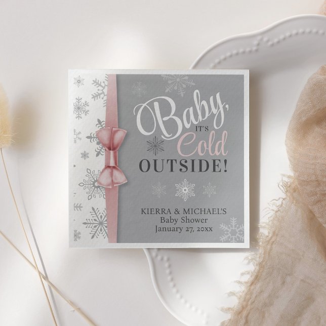 Baby Girl Pink It's Cold Outside Snowflake Shower Napkins (Pink and gray baby girl winter shower, Baby It's Cold Outside, Snowflake Theme napkin table decor)