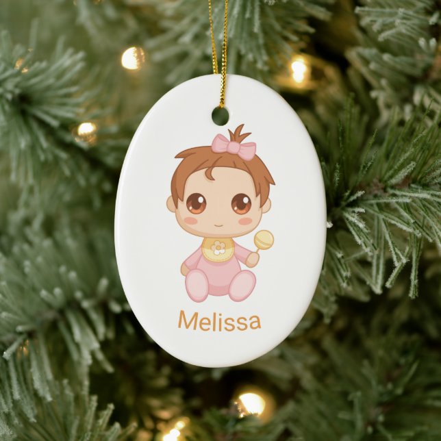 Baby Girl Pink Jumpsuit, Custom Name and Photo Ceramic Ornament (Tree)