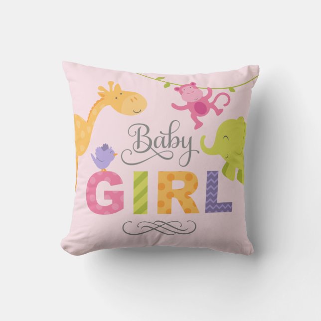 Baby Girl | Pink Jungle Animals Throw Pillow (Front)