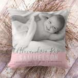 BABY Girl Pink Keepsake Name Birth Date PHOTO Throw Pillow<br><div class="desc">Lovely personalized baby girl keepsake photo soft and cuddly pillow for nursery. Light pastel blush pink with First Full Name, Last Name and birth date, time, weight and length. Add PHOTO, picture or image. Text can be changed to any custom font, size or color. Perfect gift for newborn, baby shower,...</div>