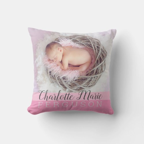 Baby Girl Pink Keepsake Photo Birth Stats Throw Pillow