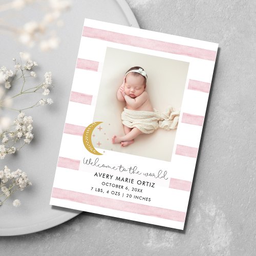 Baby Girl Pink Moon Stars Photo Birth Announcement