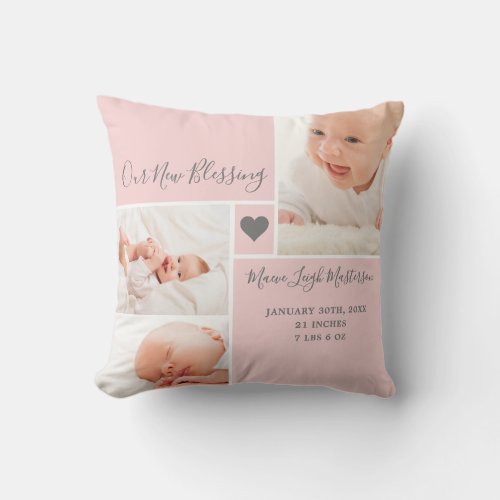 Baby Girl Pink Multi Photo Birth Stats Throw Pillow