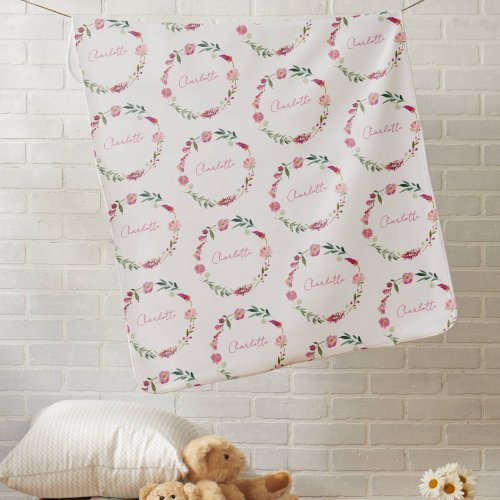 Baby Girl Pink Name Watercolor Floral Nursery Baby Blanket