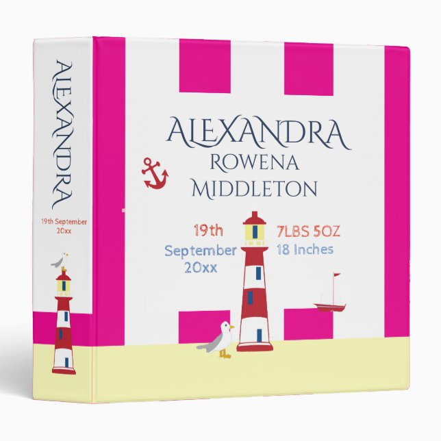 Baby Girl Pink Nautical Baby Memory/ Photo Book 3 Ring Binder (Front/Spine)