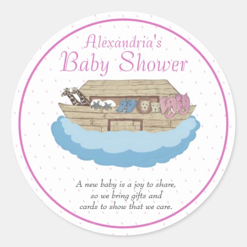 Baby Girl Pink Noahs Ark Baby Shower Invitation Classic Round Sticker