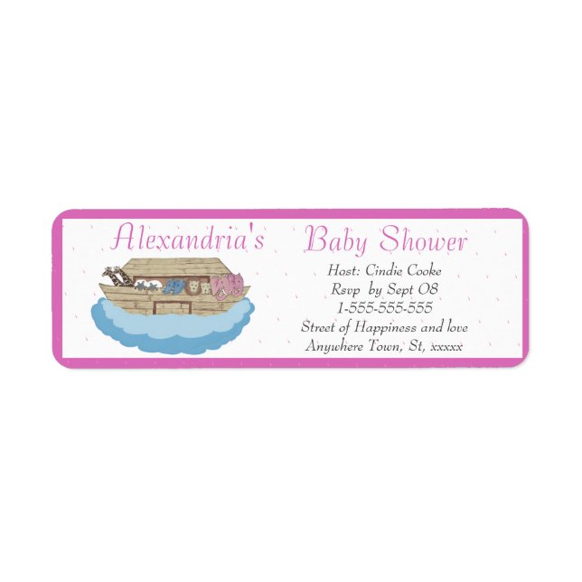 Baby Girl Pink Noah's Ark Baby Shower Invitation Label (Front)
