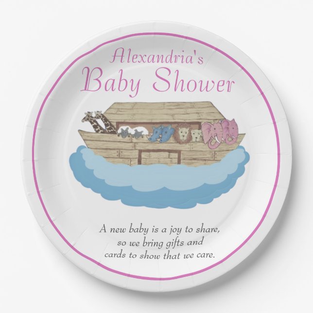 Baby Girl Pink Noah's Ark Baby Shower Invitation Paper Plates (Front)