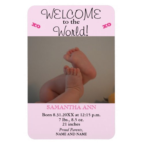 Baby Girl Pink Photo Birth Stats Announcement Magnet