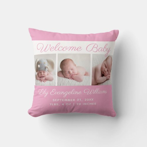 Baby Girl Pink Photo Collage Cute Newborn Keepsake Throw Pillow