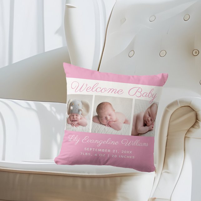 Baby Girl Pink Photo Collage Cute Newborn Keepsake Throw Pillow (Creator Uploaded)