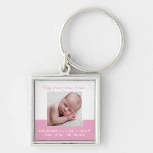 Baby Girl Pink Photo Elegant Birth Announcement Keychain