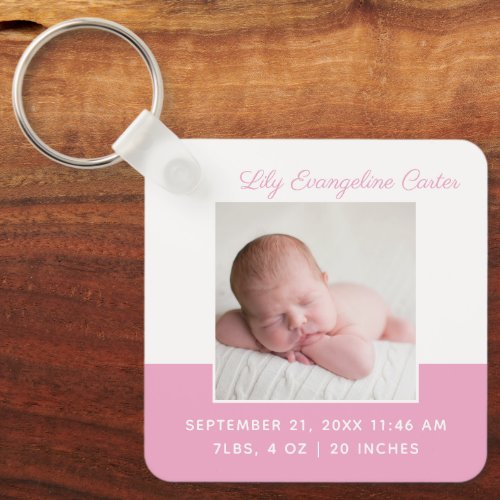 Baby Girl Pink Photo Elegant Birth Stats Keepsake Keychain