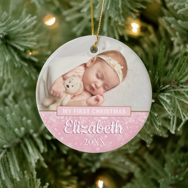 Baby Girl Pink Photo First Christmas Snowflakes Ceramic Ornament (Tree)