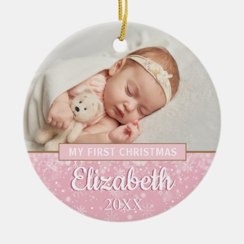 Baby Girl Pink Photo First Christmas Snowflakes Ceramic Ornament