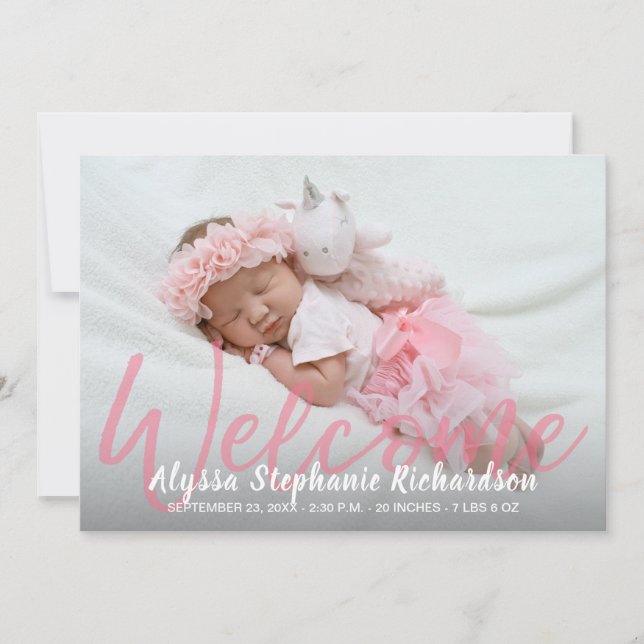 Baby Girl Pink Photo Welcome Birth Announcement (Front)