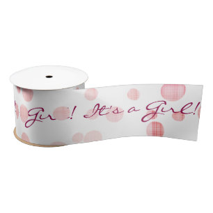 Baby Girl Pink Plaid Dots On White Satin Ribbon
