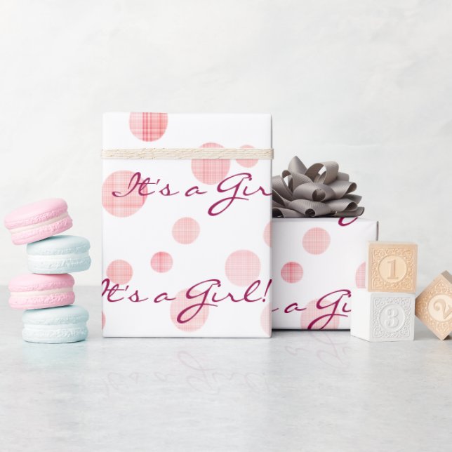 Baby Girl Pink Plaid Dots On White    Wrapping Paper (Baby Shower)