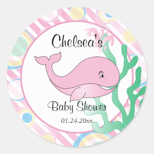 Baby Girl Pink Polka Dotted Whale Baby Shower Classic Round Sticker