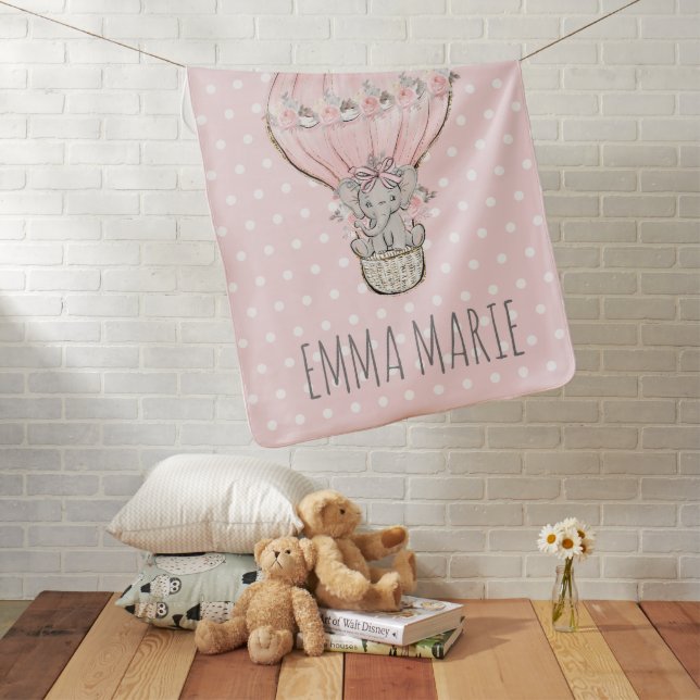 Baby Girl Pink Princess Elephant Hot Air Balloon  Blanket (In Situ)