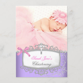 Baby Girl Pink Purple Christening Baptism Cross Announcement