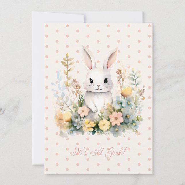 Baby Girl Pink Rabbit and Flowers Baby Shower Invitation (Front)