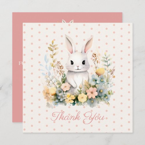 Baby Girl Pink Rabbit and Flowers Baby Shower Thank You Card