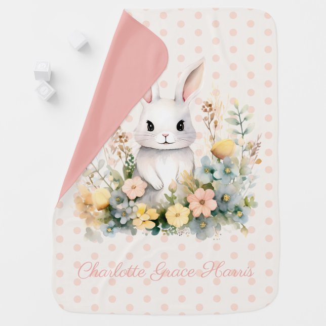 Baby Girl Pink Rabbit and Flowers Personalized Baby Blanket (In Situ)