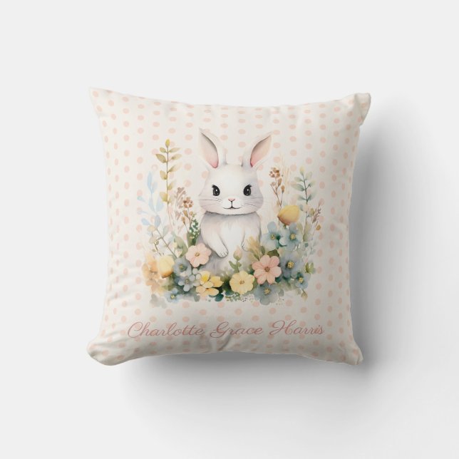 Baby Girl Pink Rabbit and Flowers Personalized Throw Pillow (Front)