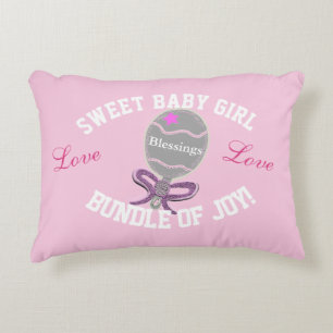 Baby Girl Pink Rattle Birth Stats Accent Pillow