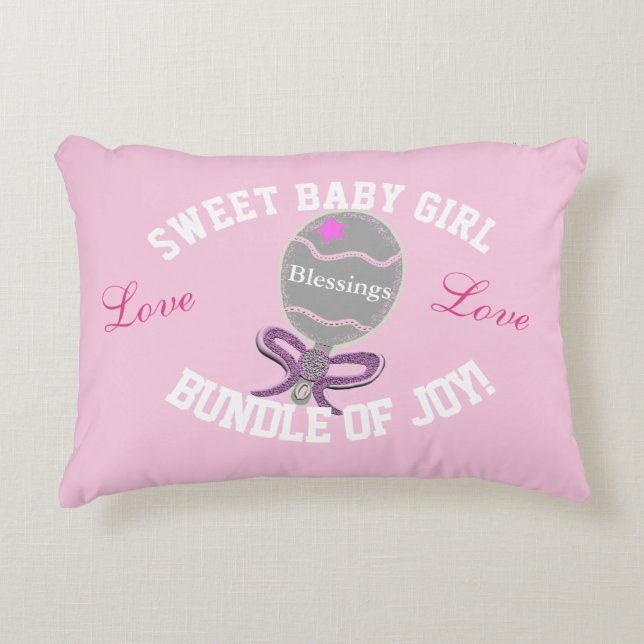 Baby Girl Pink Rattle Birth Stats Accent Pillow (Front)