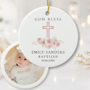 Baby Girl Pink Roses & Photo Baptism Keepsake Ceramic Ornament
