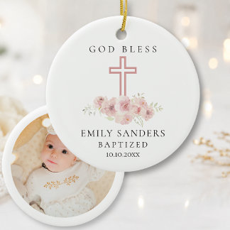 Baby Girl Pink Roses & Photo Baptism Keepsake  Ceramic Ornament