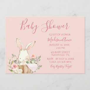 Baby Girl Pink Script Cute Elegant Bunny Baby Invitation