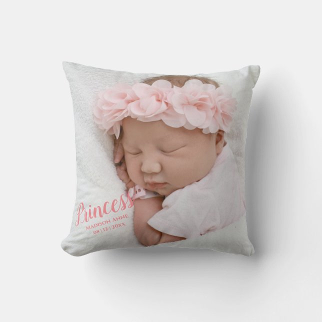 Baby Girl Pink Script Photo Birth Keepsake Throw Pillow (Front)