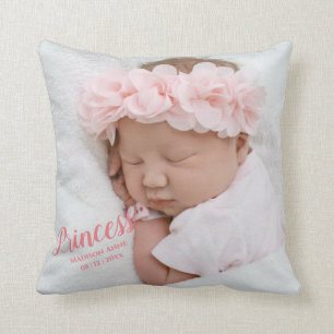 Baby Girl Pink Script Photo Birth Keepsake Throw Pillow
