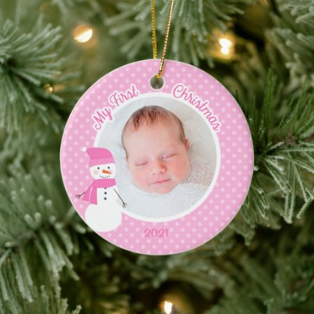 Baby Girl Pink Snowman First Christmas Photo Ceramic Ornament