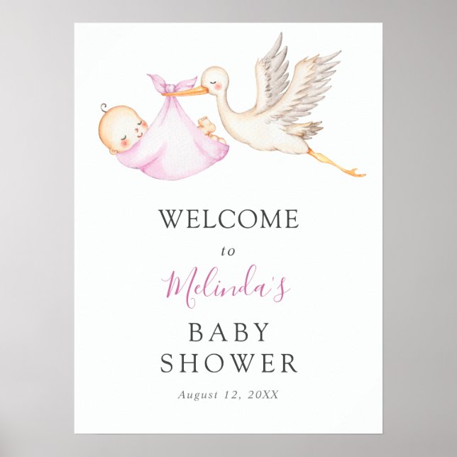 Baby Girl Pink Stork Baby Shower Welcome Poster (Front)