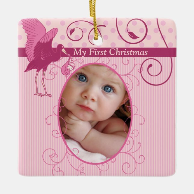 Baby Girl Pink Stork Birth Stats Photo Ceramic Ornament (Front)